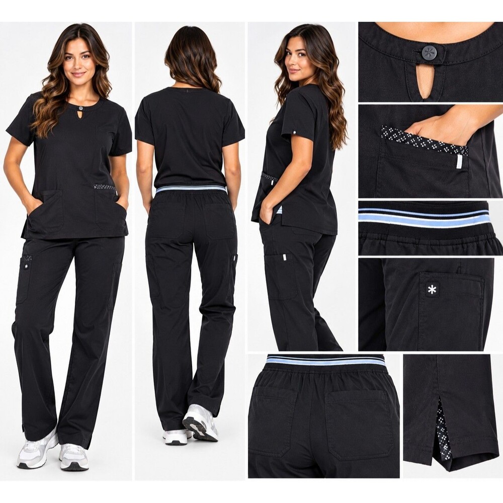 Beyond Scrubs Women’s Black Scrub Set Top Pants Medical Nursing Multi Pocket